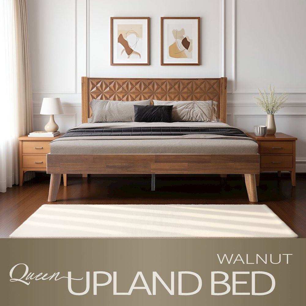 Queen Wooden Platform Bed Frame, Walnut Finish, Morden Style
