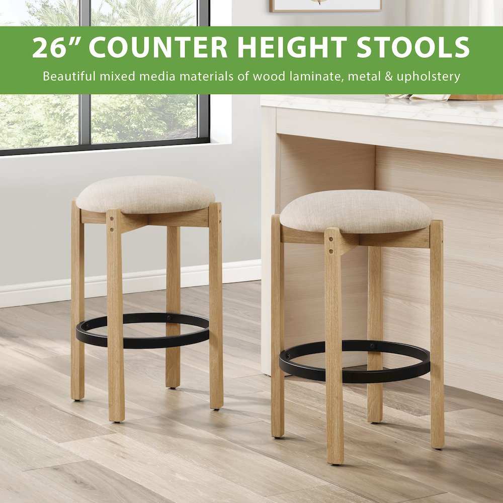Melissa 26" Counter Stools 2-Pack With Cream Fabric Seat and Natural Finish Wood