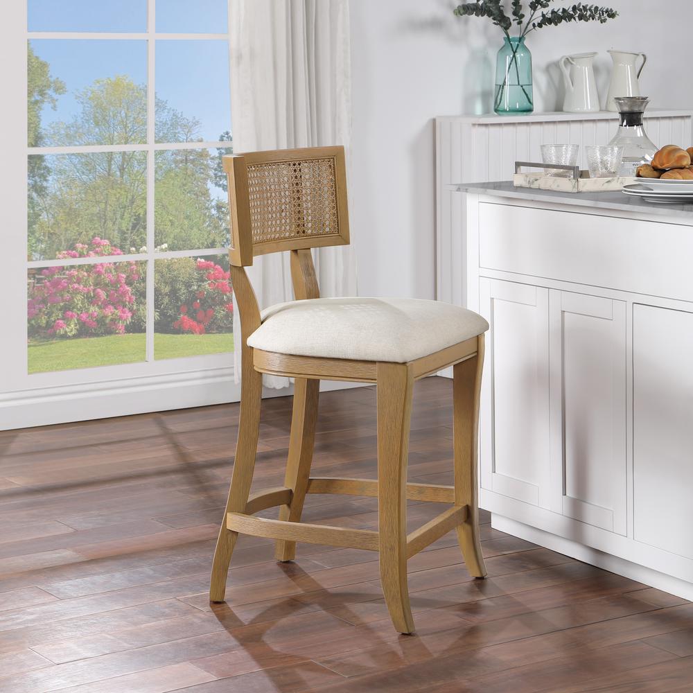 Alaina 26" Cane Back Counter Stool in Linen Fabric with Coastal Wash