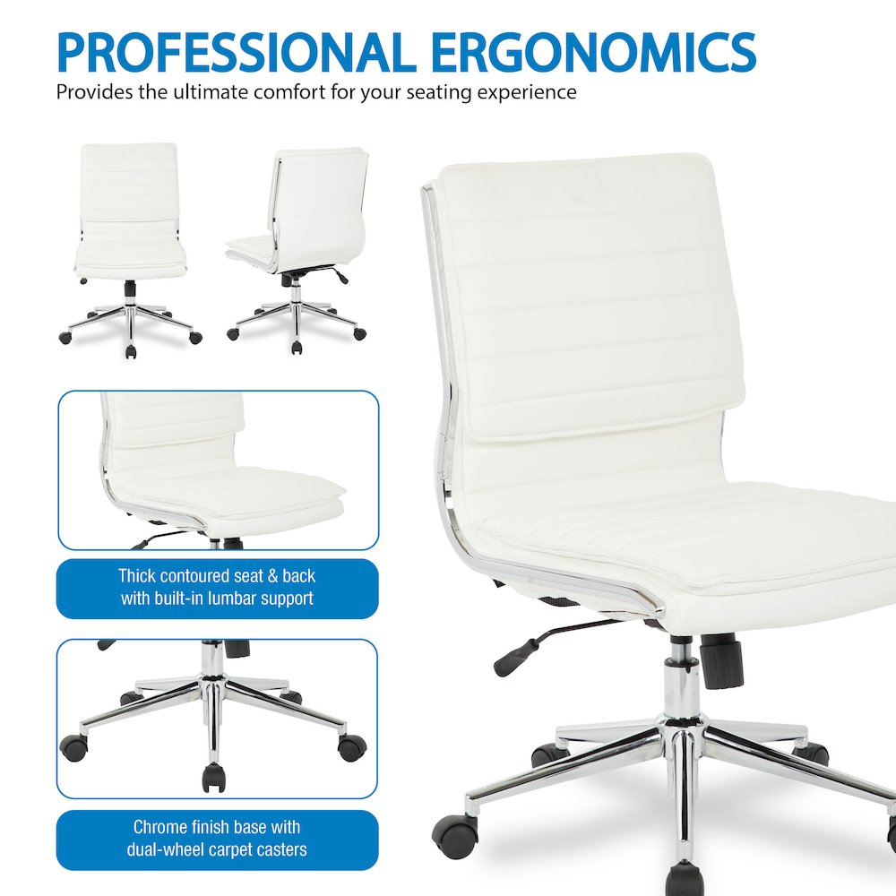 Armless Mid Back Manager's Faux Leather Chair in White with Chrome Base.