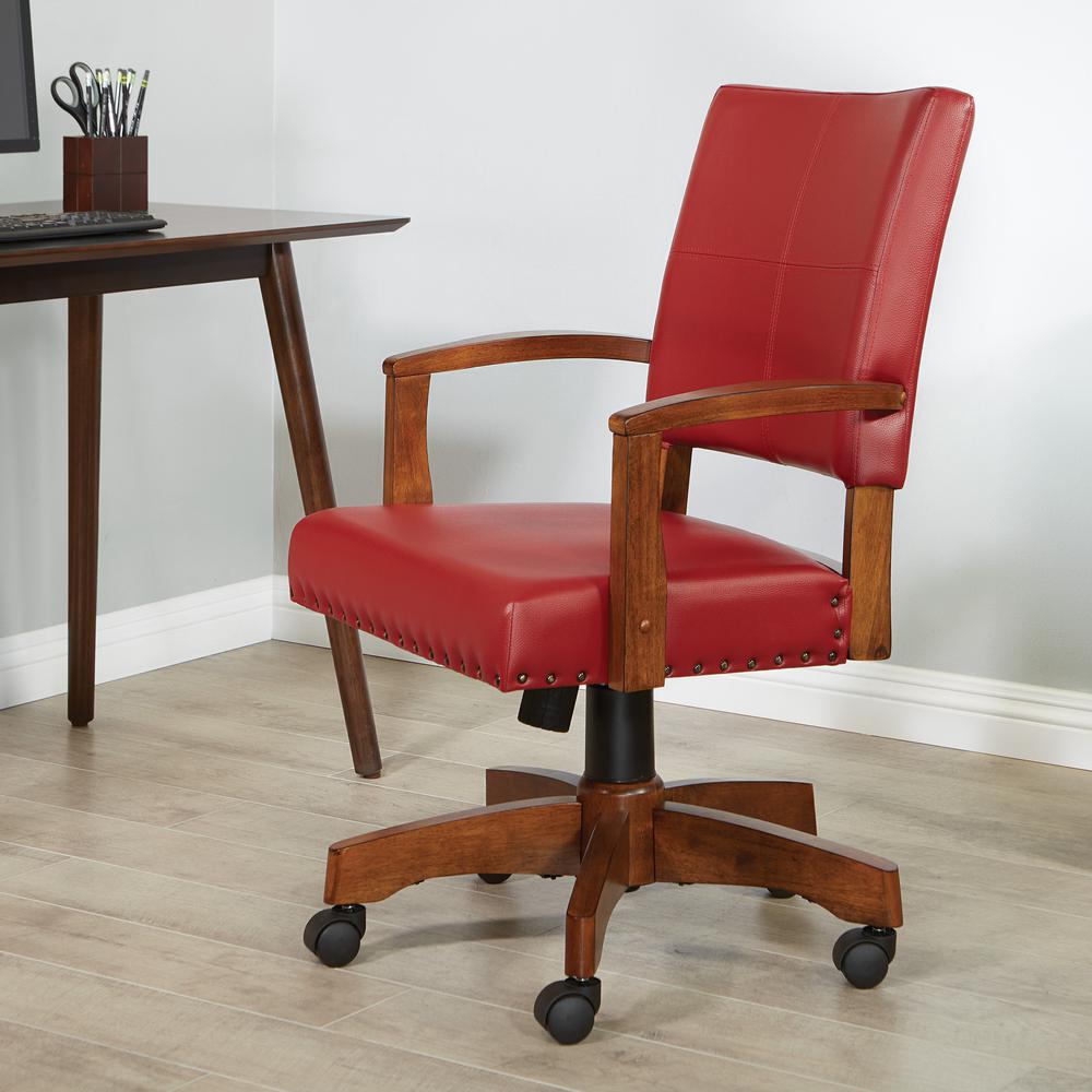 Deluxe Wood Bankers Chair in Red Faux Leather with Antique Bronze Nailheads and Medium Brown Wood, 109MB-RD