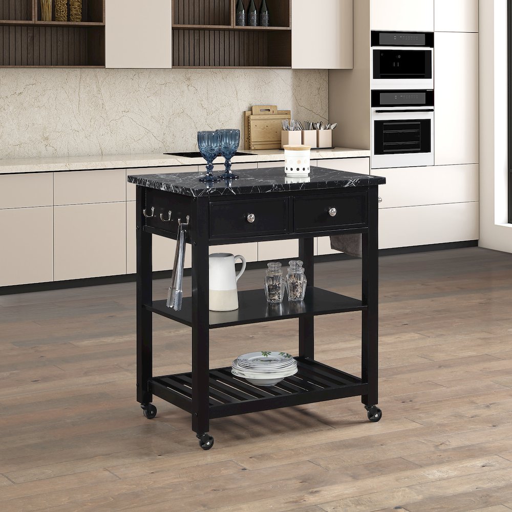 Litchfield Kitchen Cart With Faux Marble Top in Black Finish