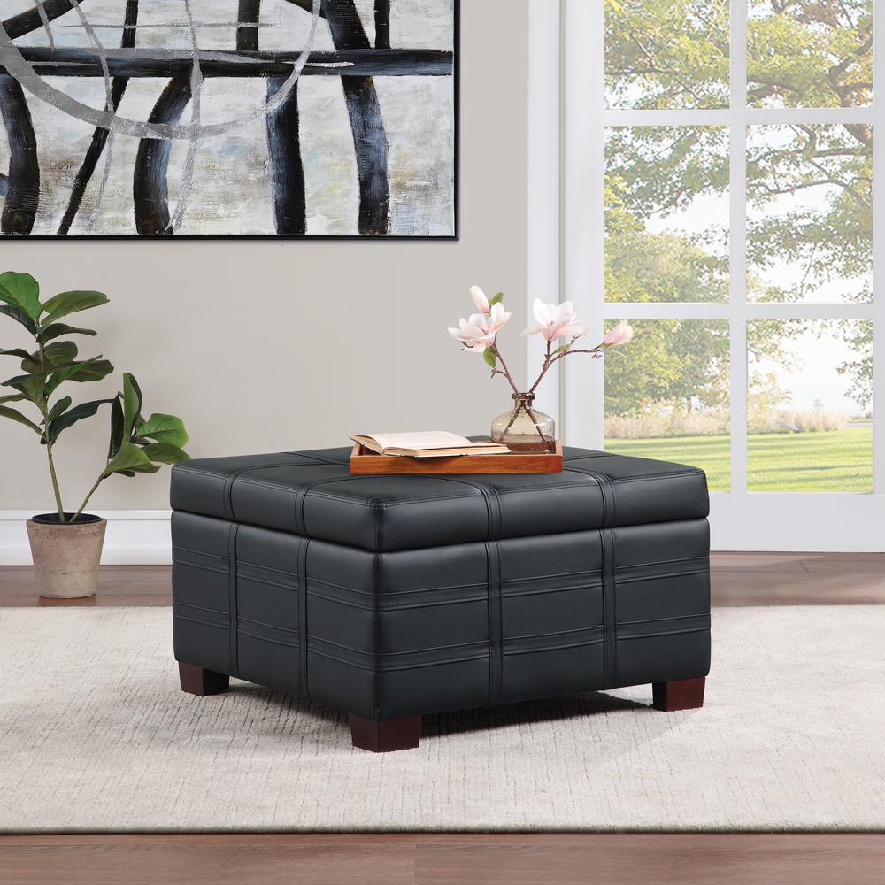 Detour Strap Square Storage Ottoman in Black Faux Leather, DTR3030S-B18