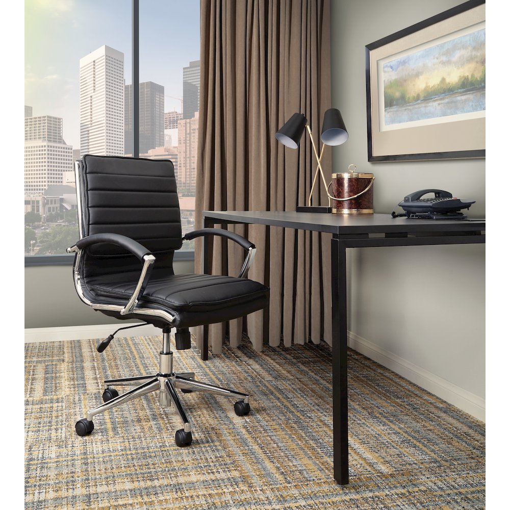 Mid-Back Manager’s Faux Leather Chair with Chrome Base, Removable Arm Sleeves.