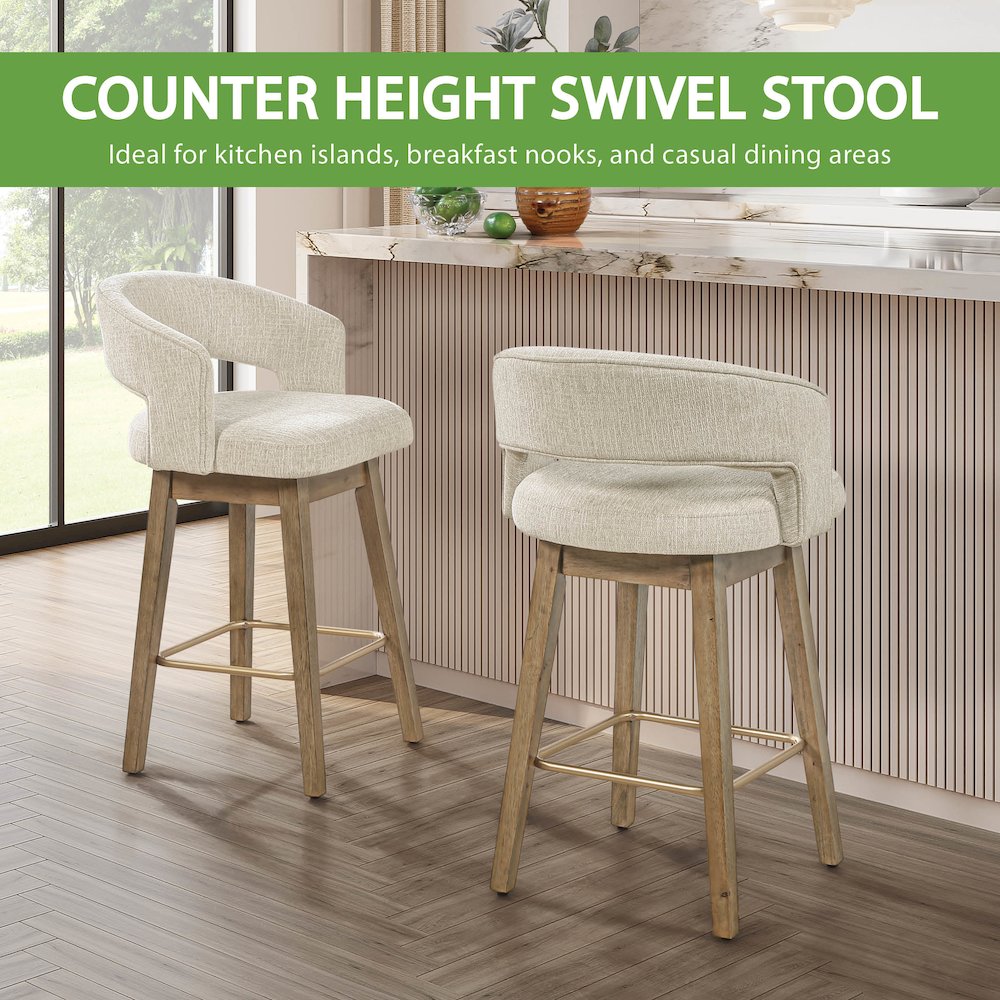 Elsie 26" Swivel Counter stool in Linen Fabric with Medium Oak Finish, Set of 2