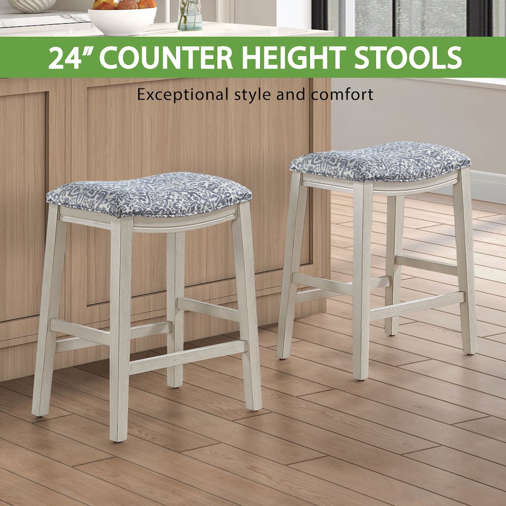 Saddle Stool 24" Counter Height in Navy Fabric with White Finish, Set of 2
