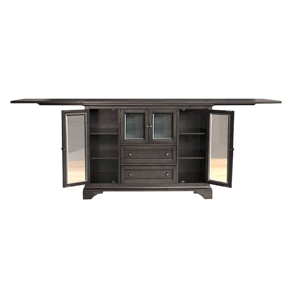 Gray Flip-Top Server Buffet Cabinet with Glass Doors and Drop Leaf Feature