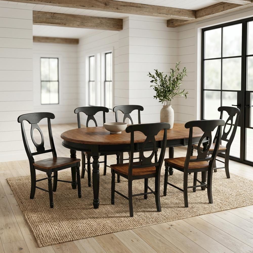 Black oval dining table with solid rubberwood top and casual style