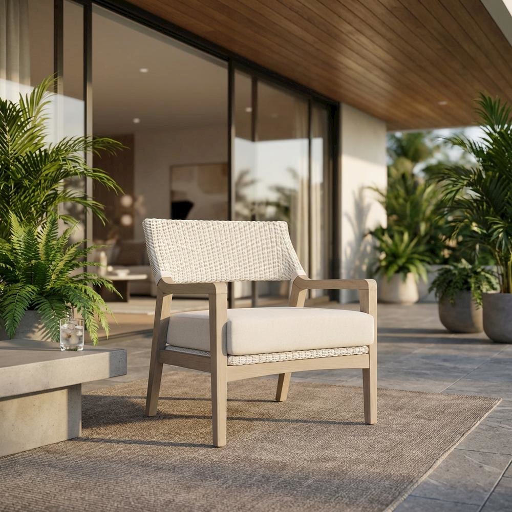 Transitional Outdoor Club Chair with Washed Ever Teak Finish, Performance Fabric