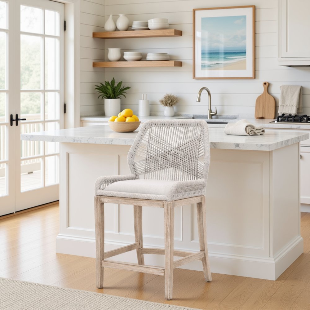 Gray Counter Stool with Mahogany Frame, Brown Bar Stool and Bar Chair Design