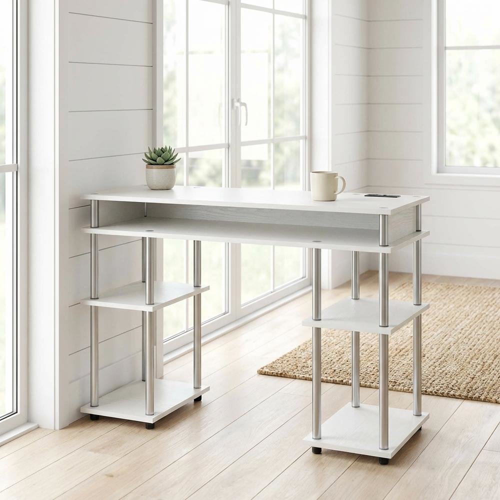 White Contemporary Student Desk With Charging Station And Modern Design