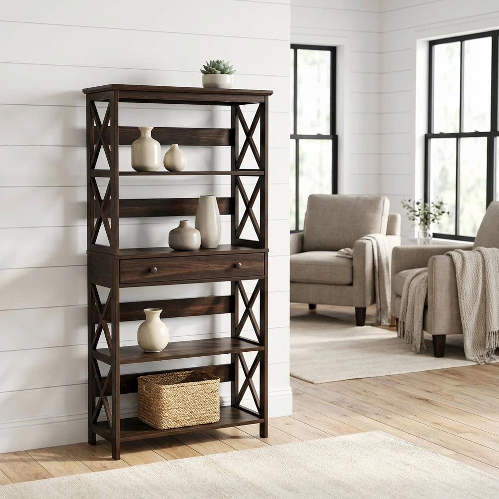 5-Tier Bookcase with Drawer in Modern Finish for Storage and Organization