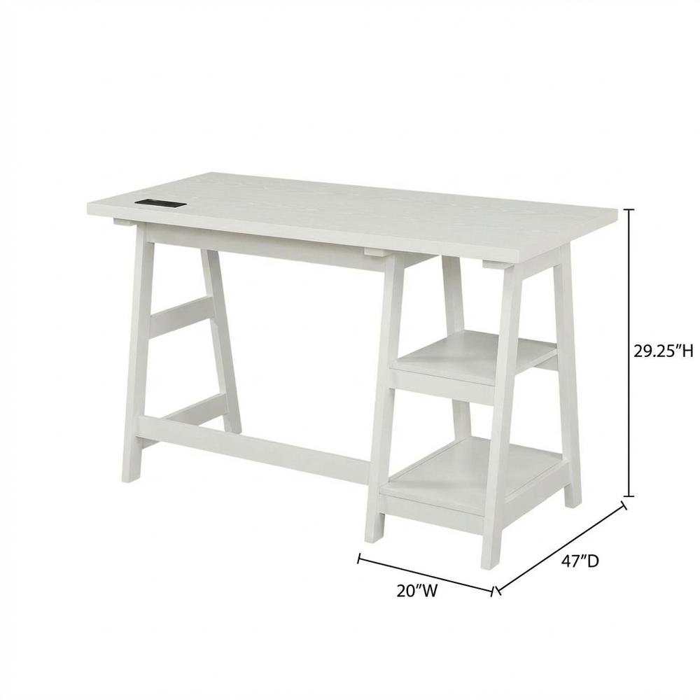 White Trestle Desk With Built-In Charging Station And Melamine Surface