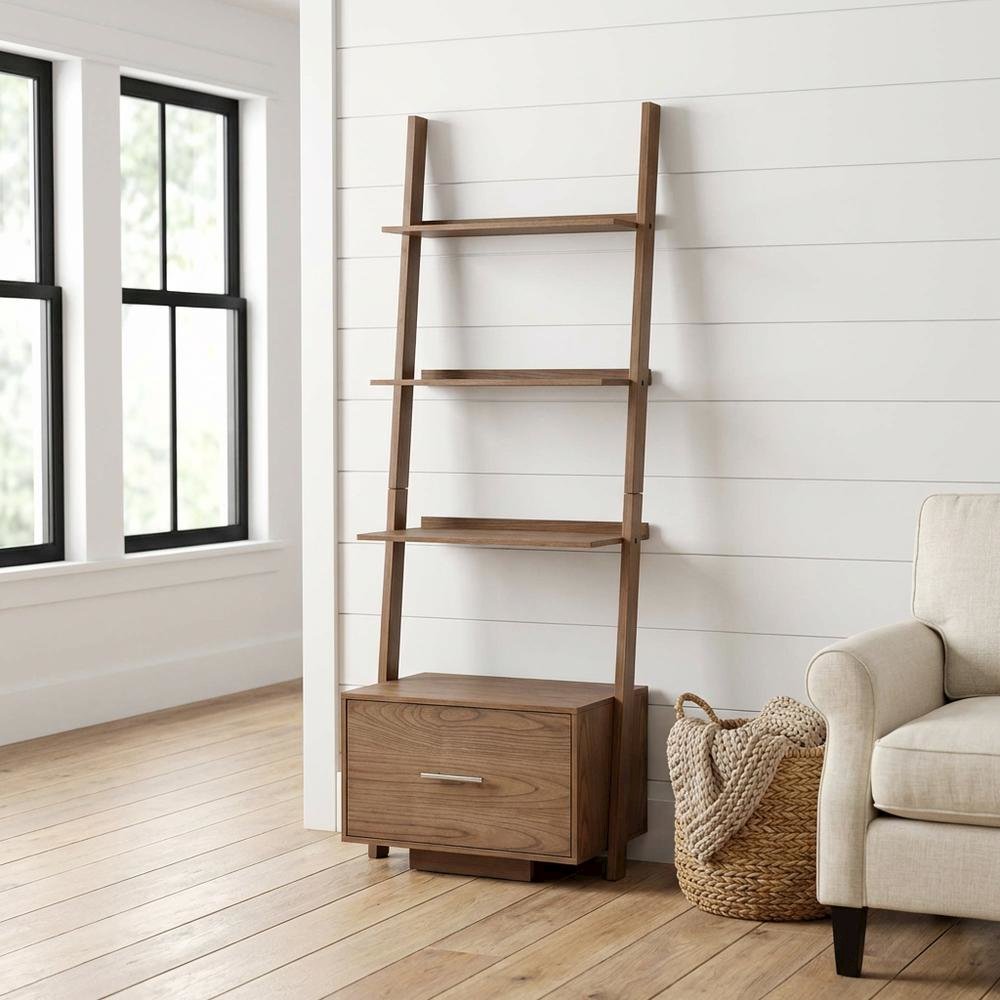 Ash Veneer Ladder Bookcase with File Drawer for Storage and Organization