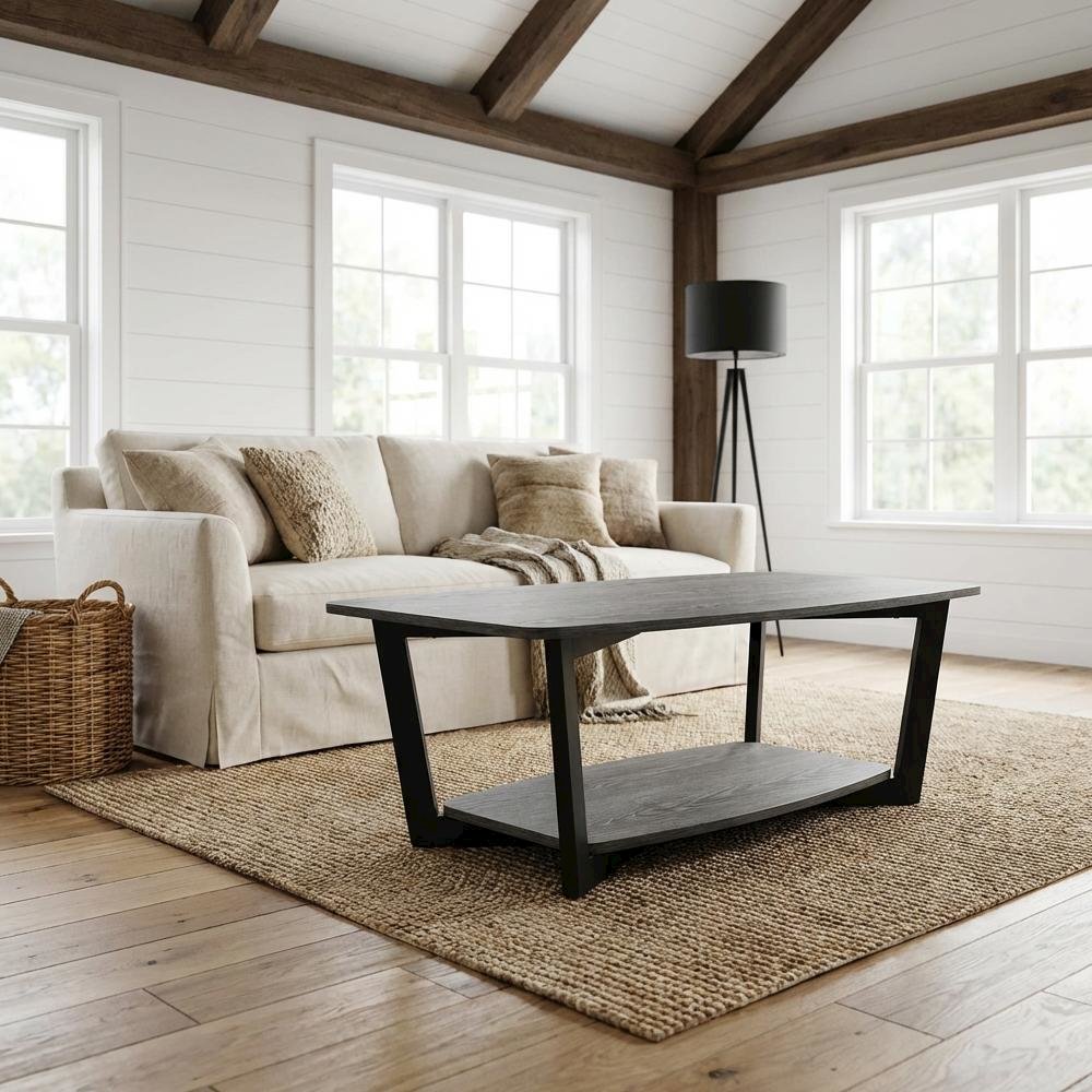 Weathered Gray Coffee Table with Black Frame and Shelf Urban Industrial Style