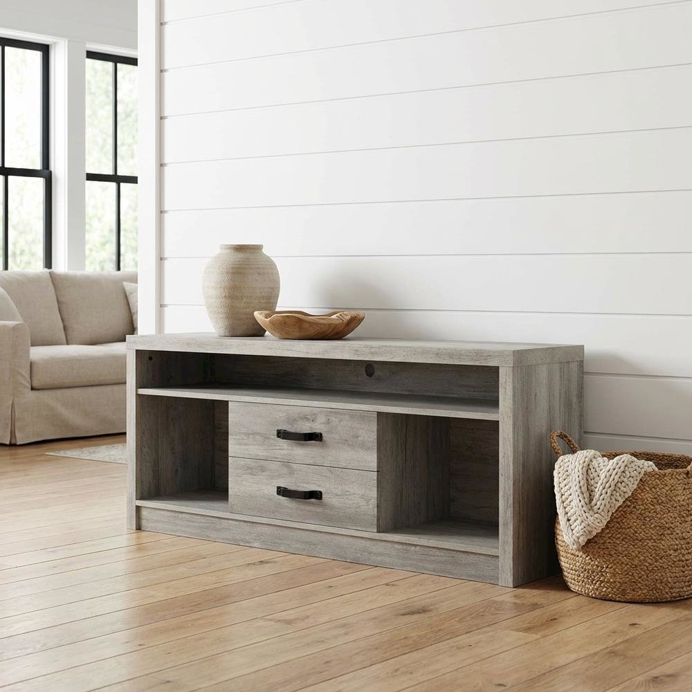 Engineered wood TV stand, two drawers in grey driftwood finish, transitional