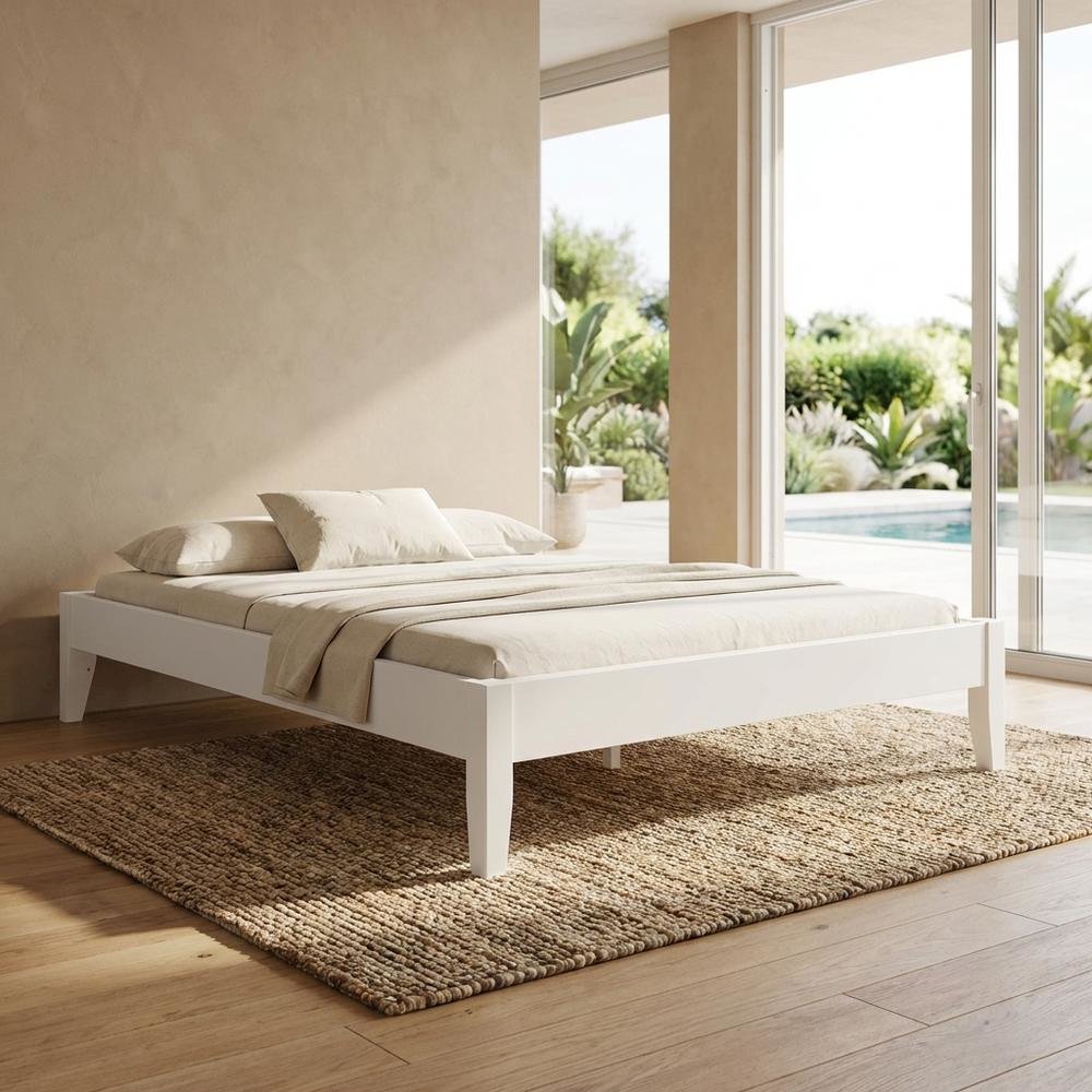 Contemporary White Full Platform Bed With Batten Slats And Sleek Design