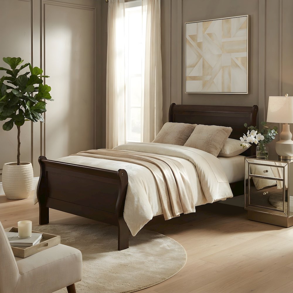 Wooden Twin Sleigh Bed Frame with Curved Headboard, Cappuccino