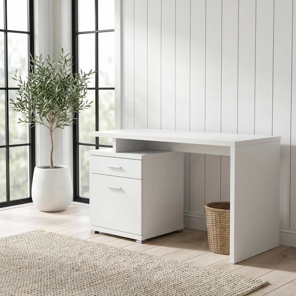 White 2-Drawer Office Computer Desk With Contemporary Style And Silver Finish
