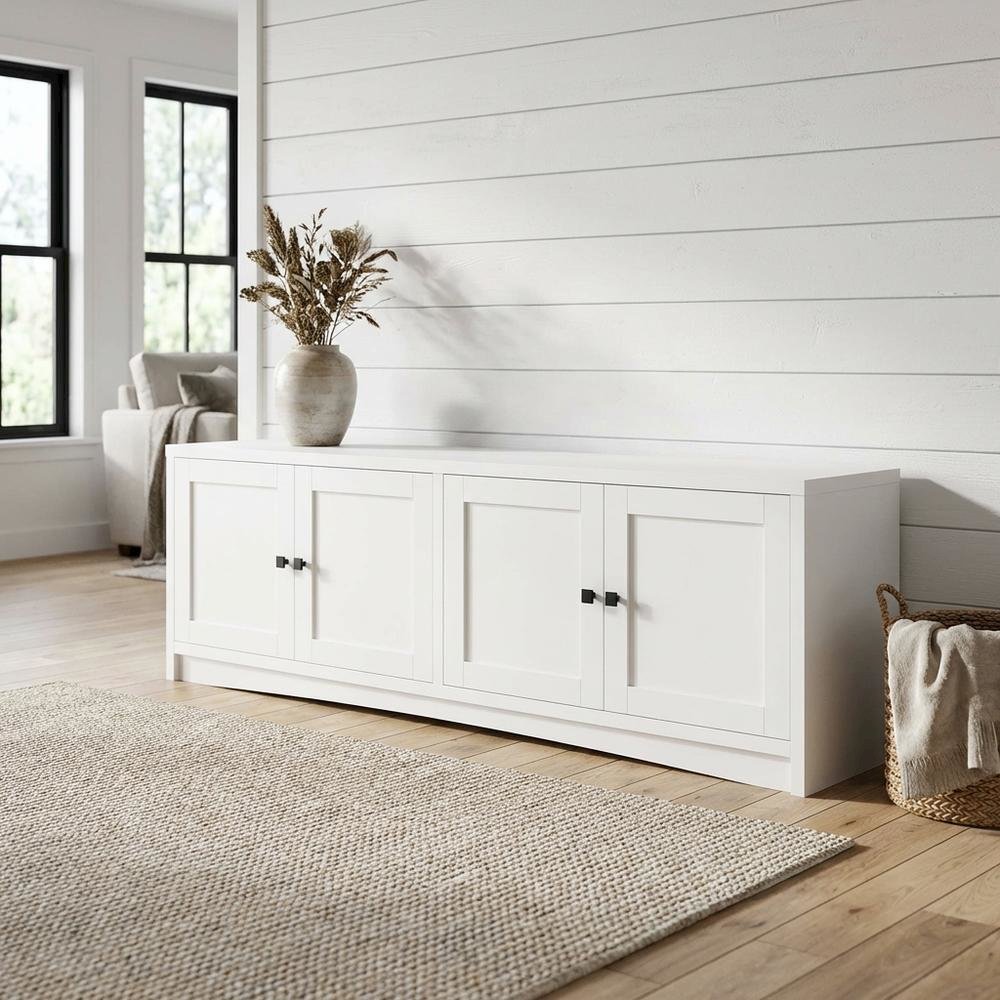 White 4-Door TV Stand with Engineered Wood and Modern Design