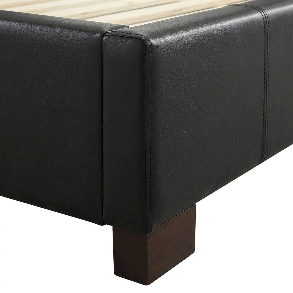 Genuine Leather Eastern King Platform Bed with Tall Headboard, Bed Frame, Black