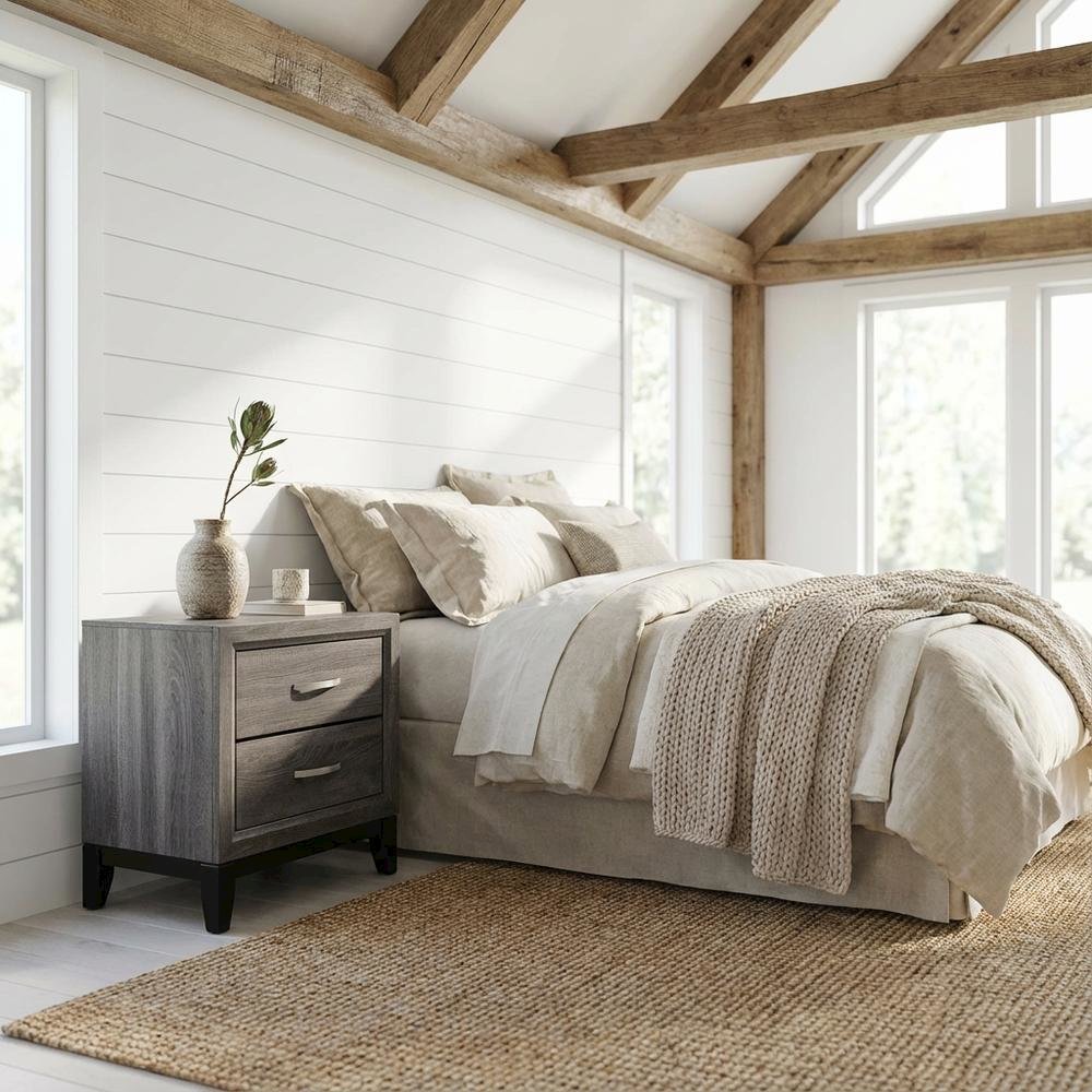 Grey Oak Nightstand with Nickel Finish and Transitional Style