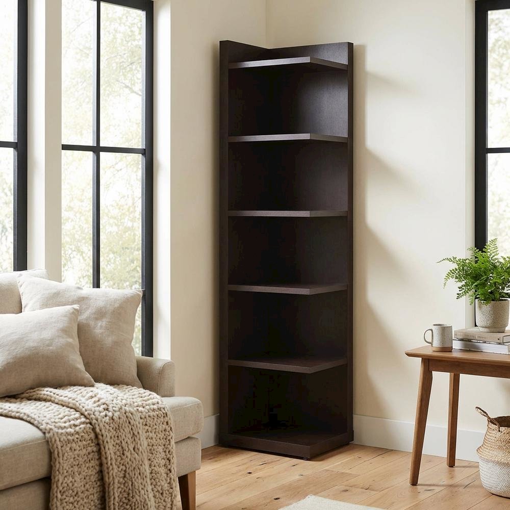 Corner Bookcase with 6 Shelves, Cappuccino Finish for Transitional Style Storage