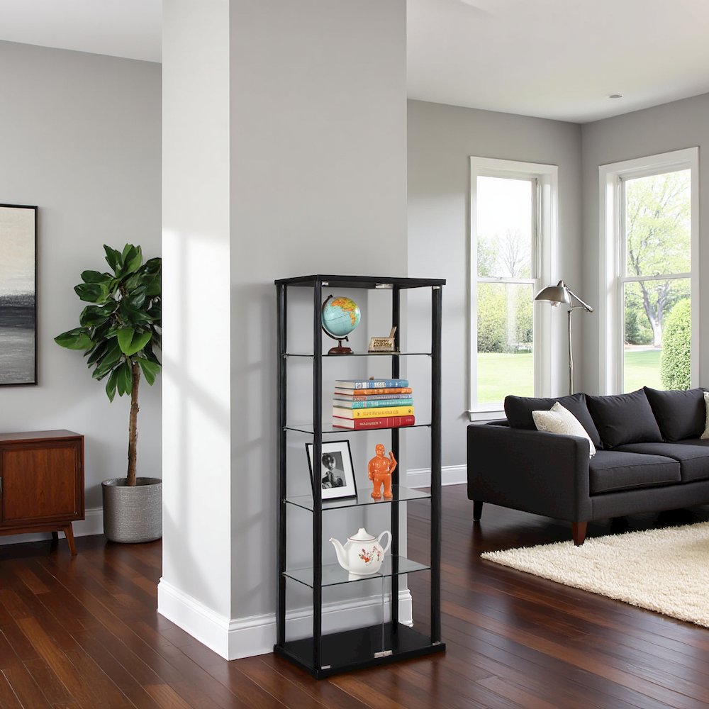 Black Glass Display Case with 5 Shelves, Modern Curio Display Cabinet