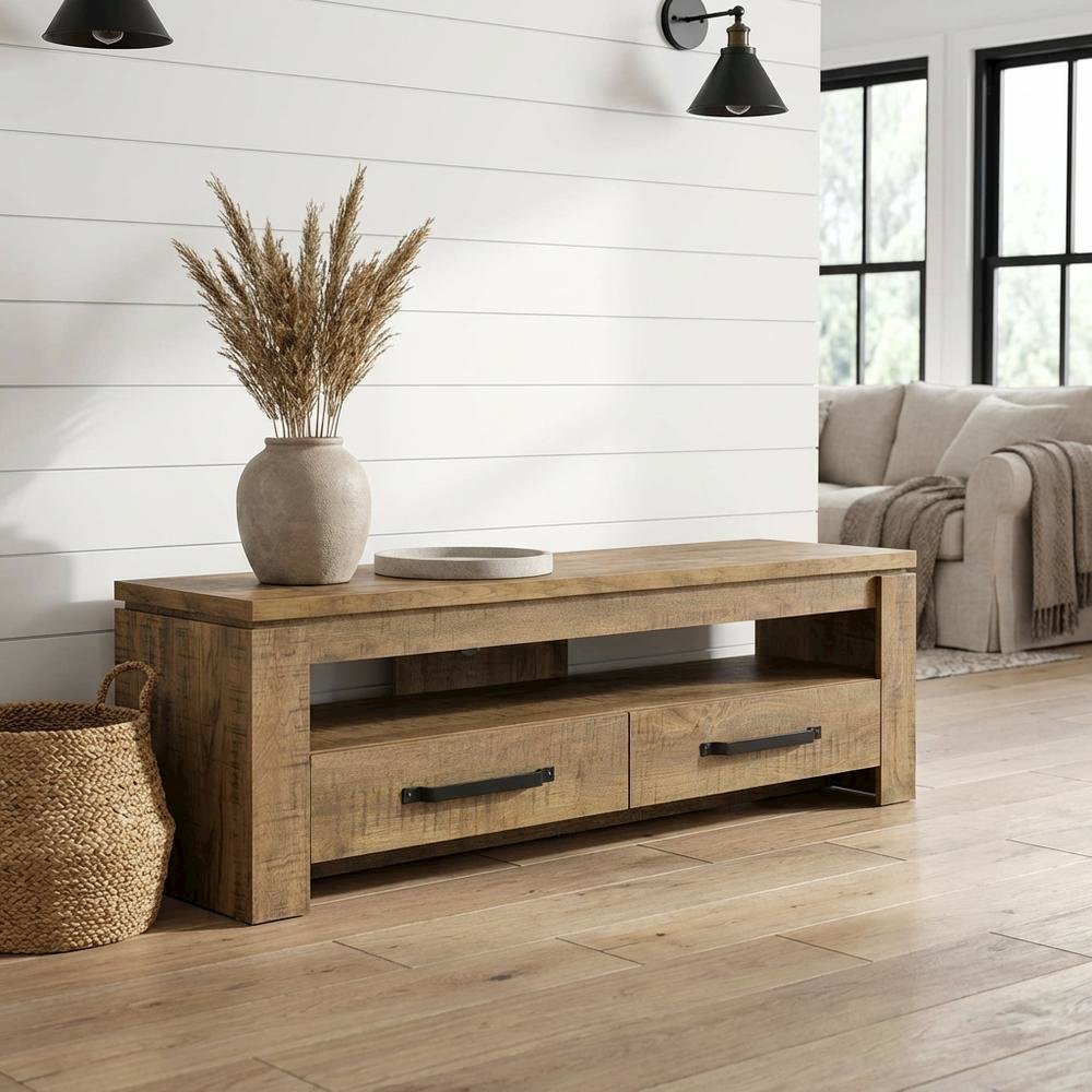 TV stand, 2 drawers, engineered wood, rubberwood solids & walnut veneers