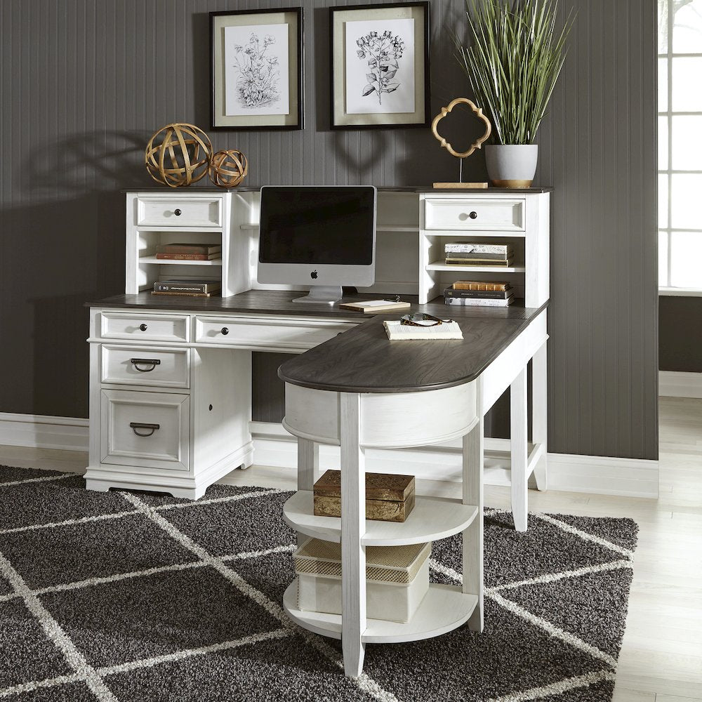 L Shaped Desk Set In White With Charcoal Top For Modern Office Spaces