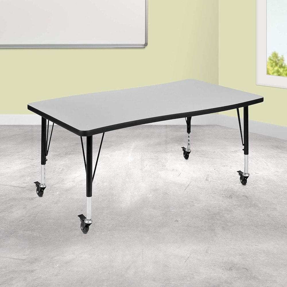 Mobile 28"W x 47.5"L Rectangular Wave Flexible Collaborative Grey Thermal Laminate Activity Table - Height Adjustable Short Legs