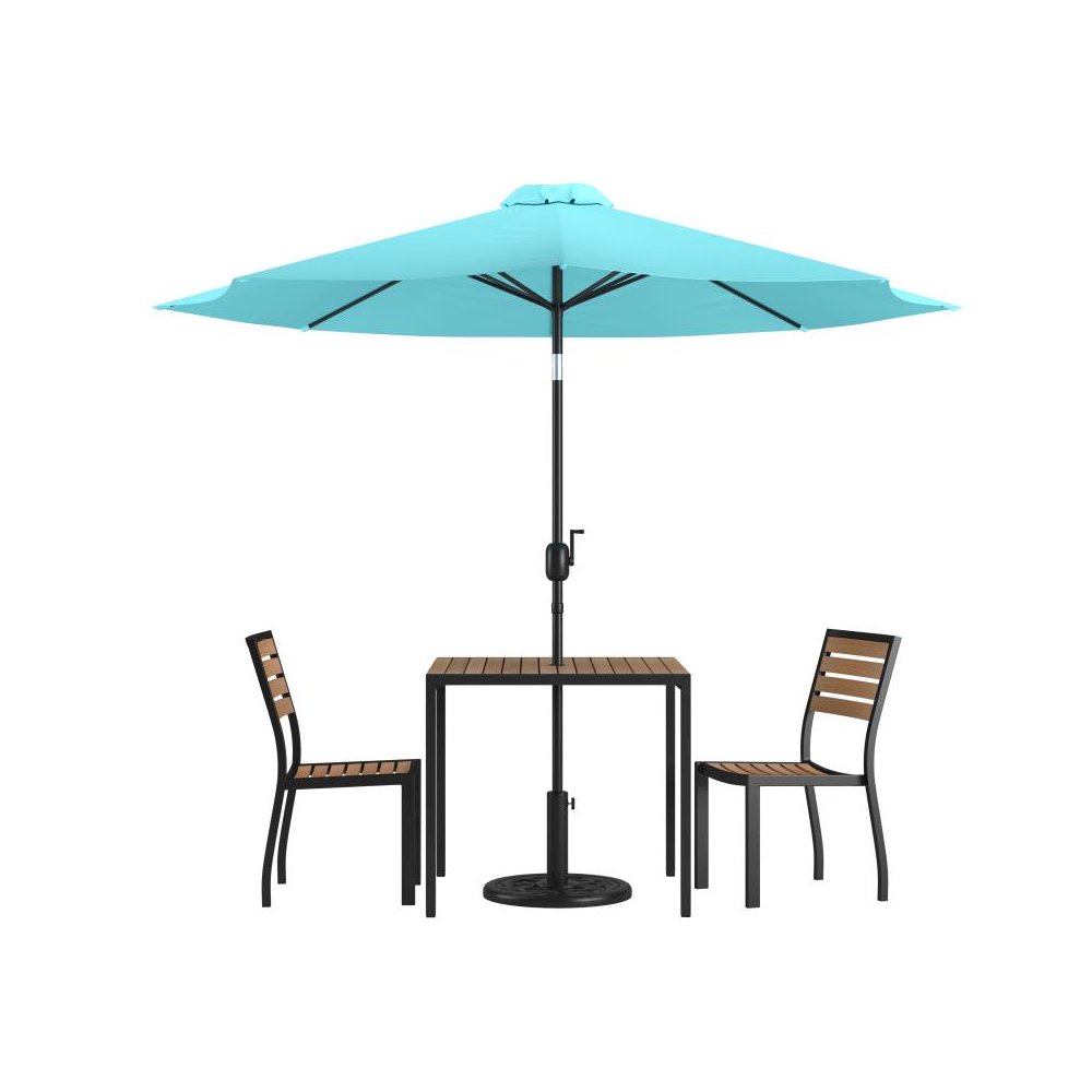 5 Piece All-Weather Deck or Patio Set with 2 Stacking Faux Teak Chairs, 35" Square Faux Teak Table, Teal Umbrella & Base