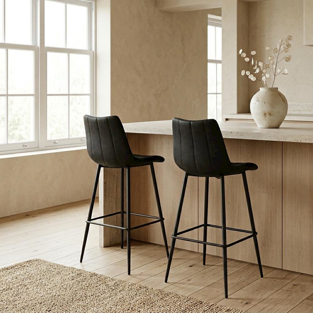 Upholstered Counter Stools Set of 2, Contemporary Bar Stools with Footrest,Black