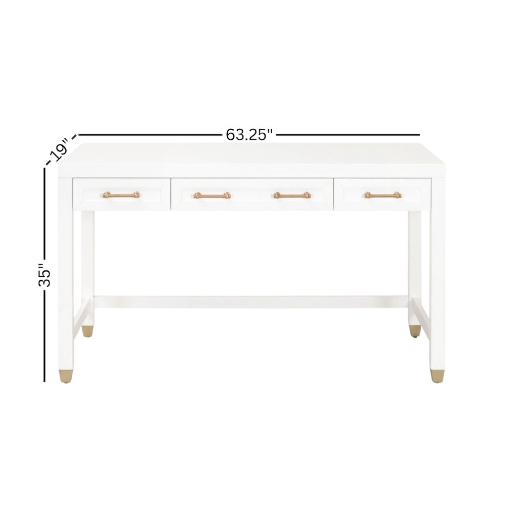 White Storage Desk with 3 Drawers, Brushed Brass Hardware, Metal Glides