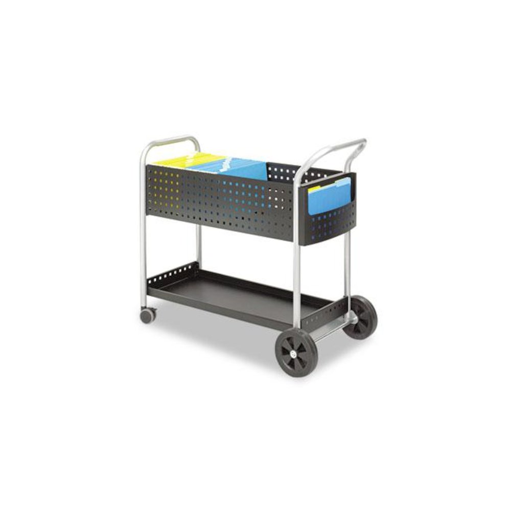Scoot Dual-Purpose Mail and Filing Cart, Metal, 1 Shelf, 2 Bins, 22.5" x 39.5" x 40.75", Black/Silver