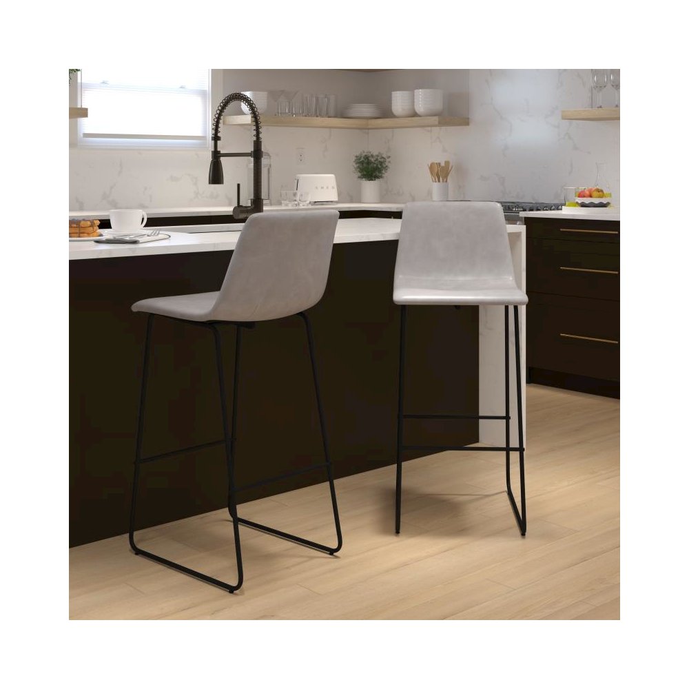 30 inch LeatherSoft Bar Height Barstools in Light Gray, Set of 2