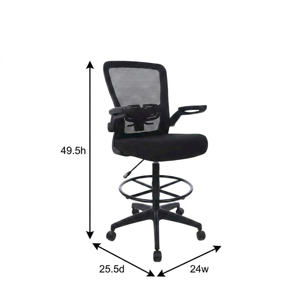 Mesh High-Back Drafting Stool with Flip Arms and Adjustable Seat Height, Black