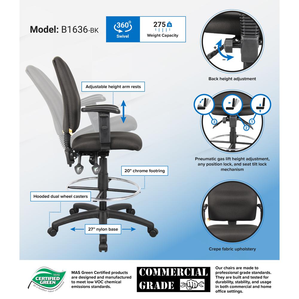 Boss Multi-Function Fabric Drafting Stool W/ Adjustable Arms