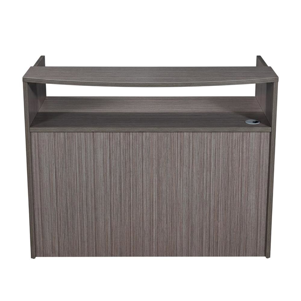 Wood Reception Desk with Frosted Glass Panel and Storage for Office, Driftwood