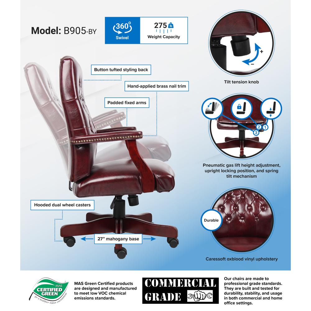 Boss Classic Executive Oxblood Vinyl Chair With Mahogany Finish Frame