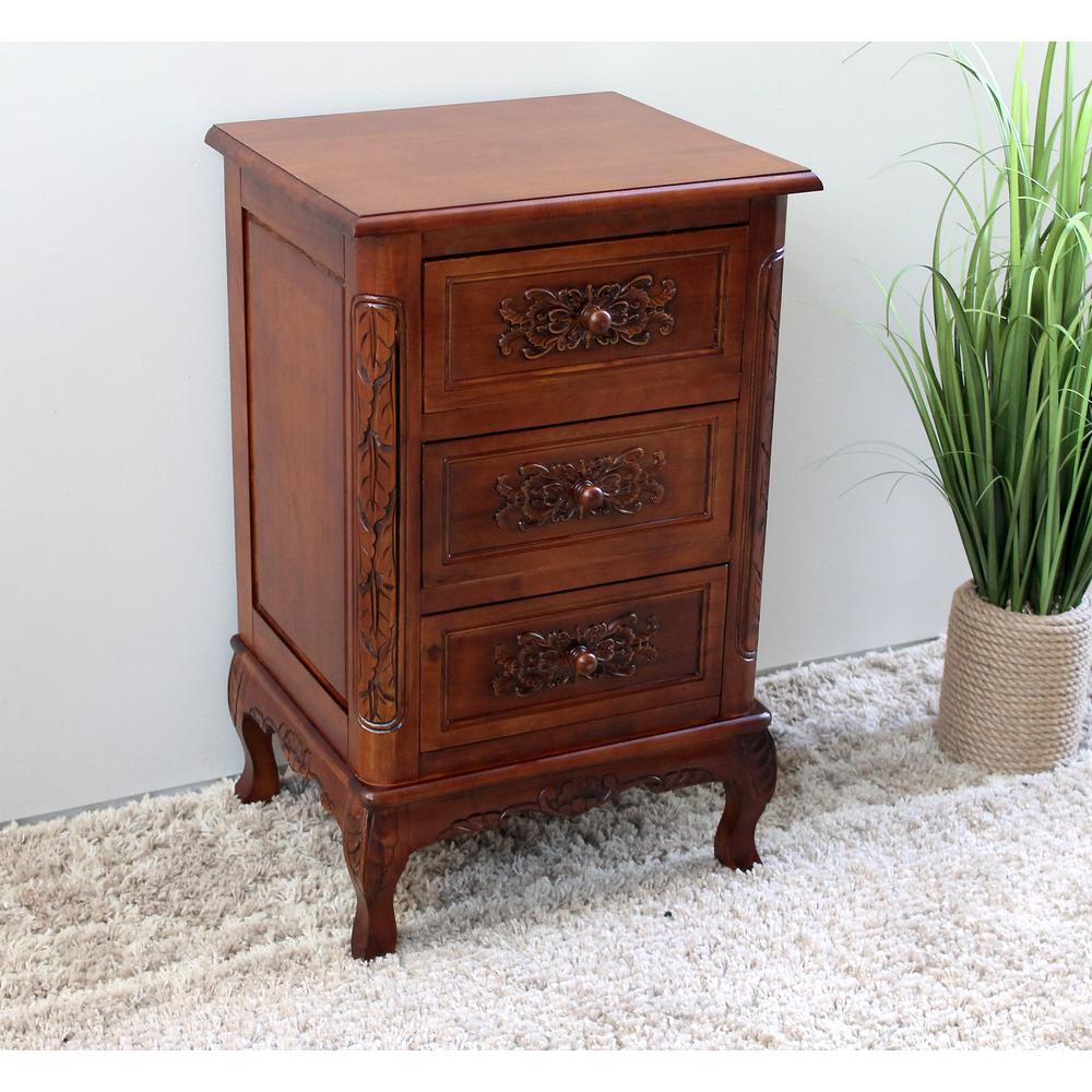 Carved Wood Three Drawer End Table