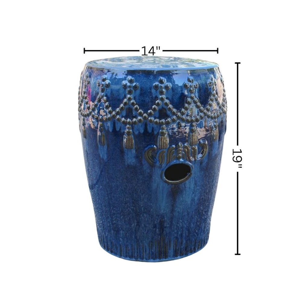 Ceramic Garden Stool, Navy Blue Tasseled Drum, Indoor/Outdoor Accent