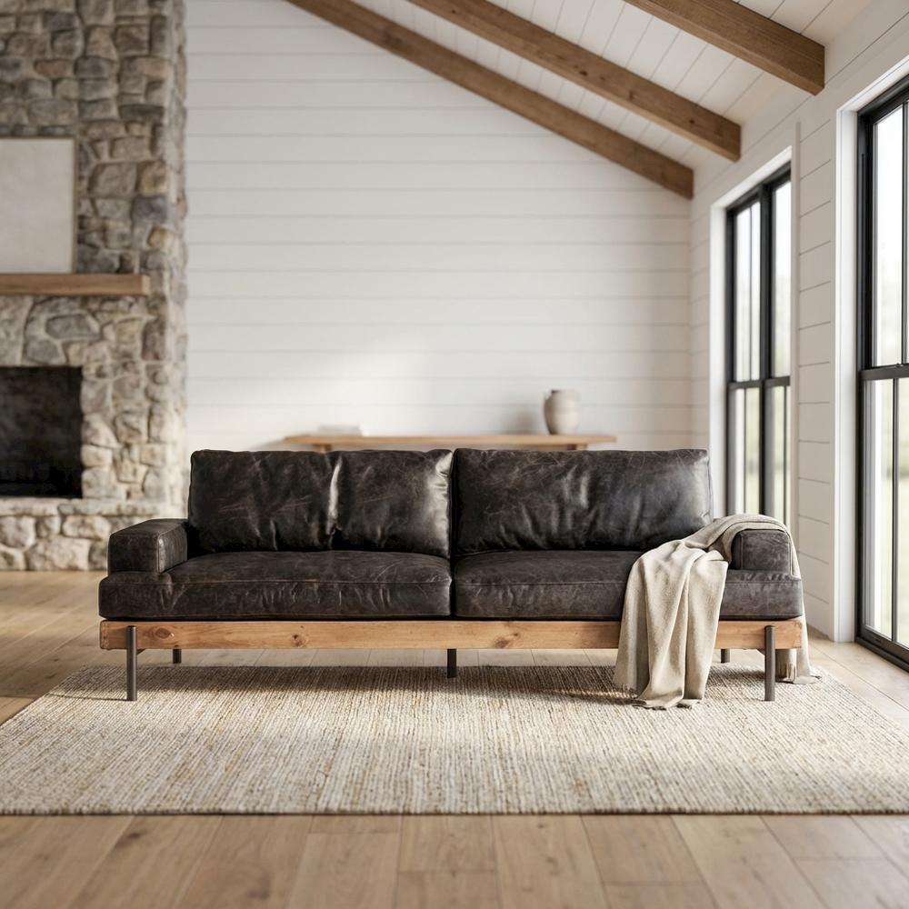 Leather Upholstered Sofa with Distressed Finish, Modern Couch, Antique Zinc