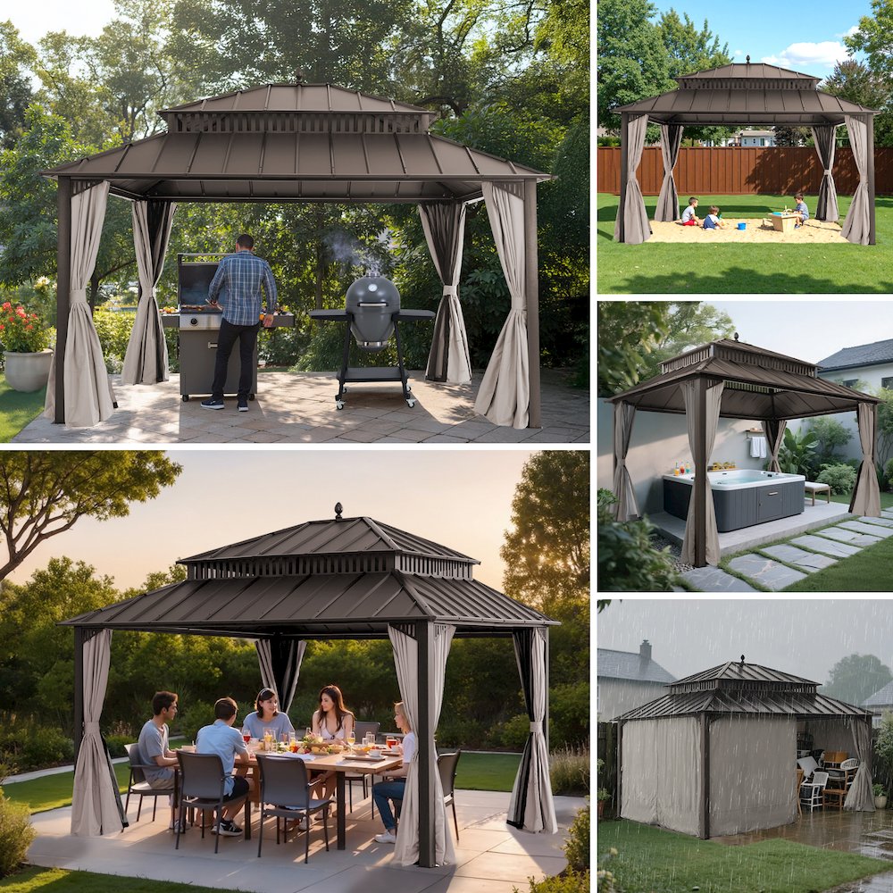 14 ft x 12 ft Aluminum Frame Steel Double Roof Hardtop Rectangular Gazebo, Brown