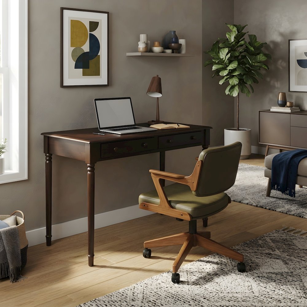 Wood Veneer Writing Desk with Drawers and Farmhouse Spindle Legs for Entryway