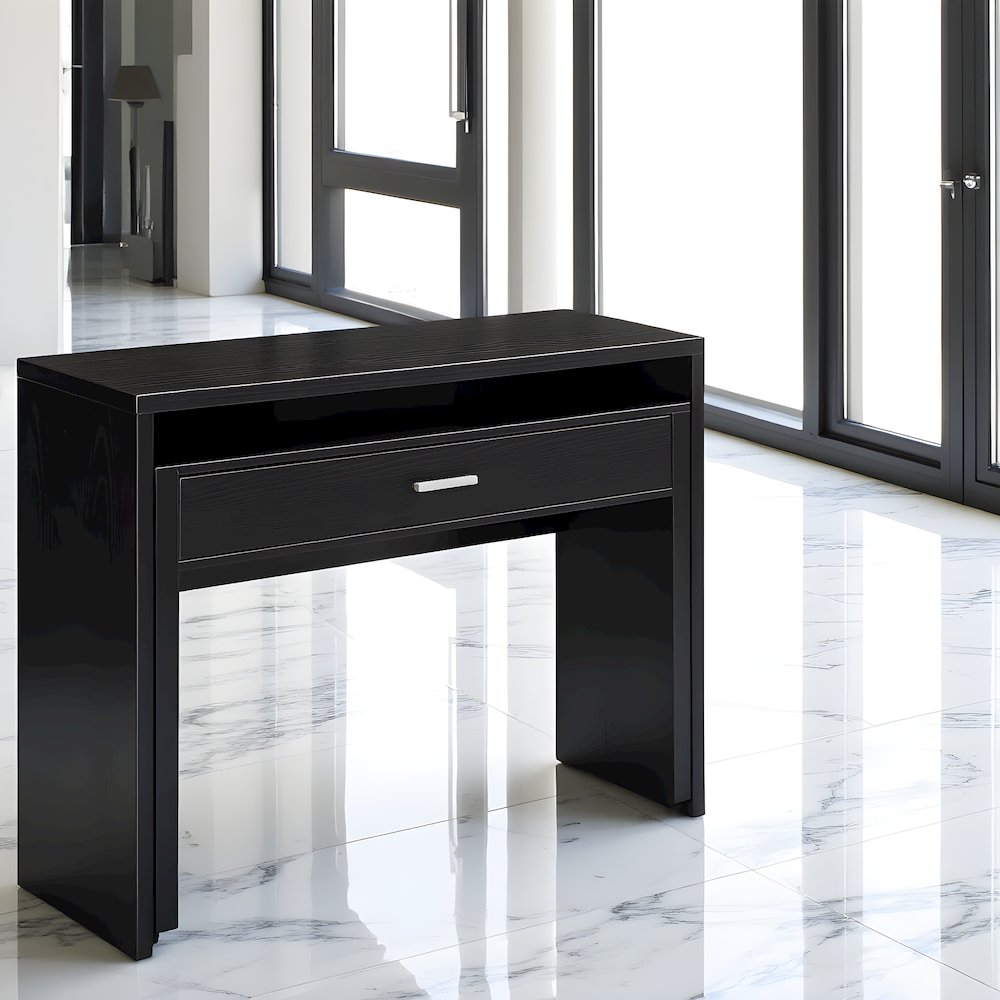 Sleek Black Console Desk with Sliding Drawer and Riser for Office Use