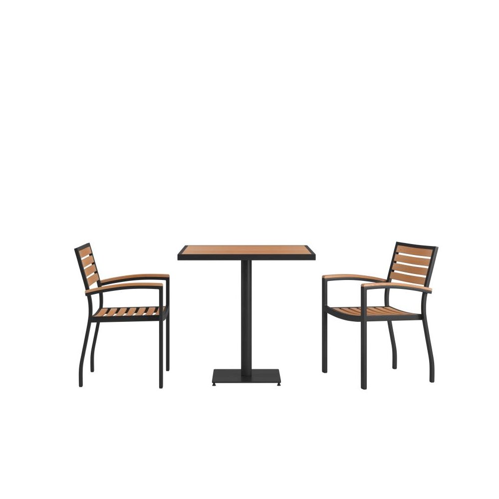 Indoor/Outdoor 3 Piece Patio Dining Table Set with 30" Square Faux Teak Table & 2 Stacking Club Chairs with Teak Accented Arms