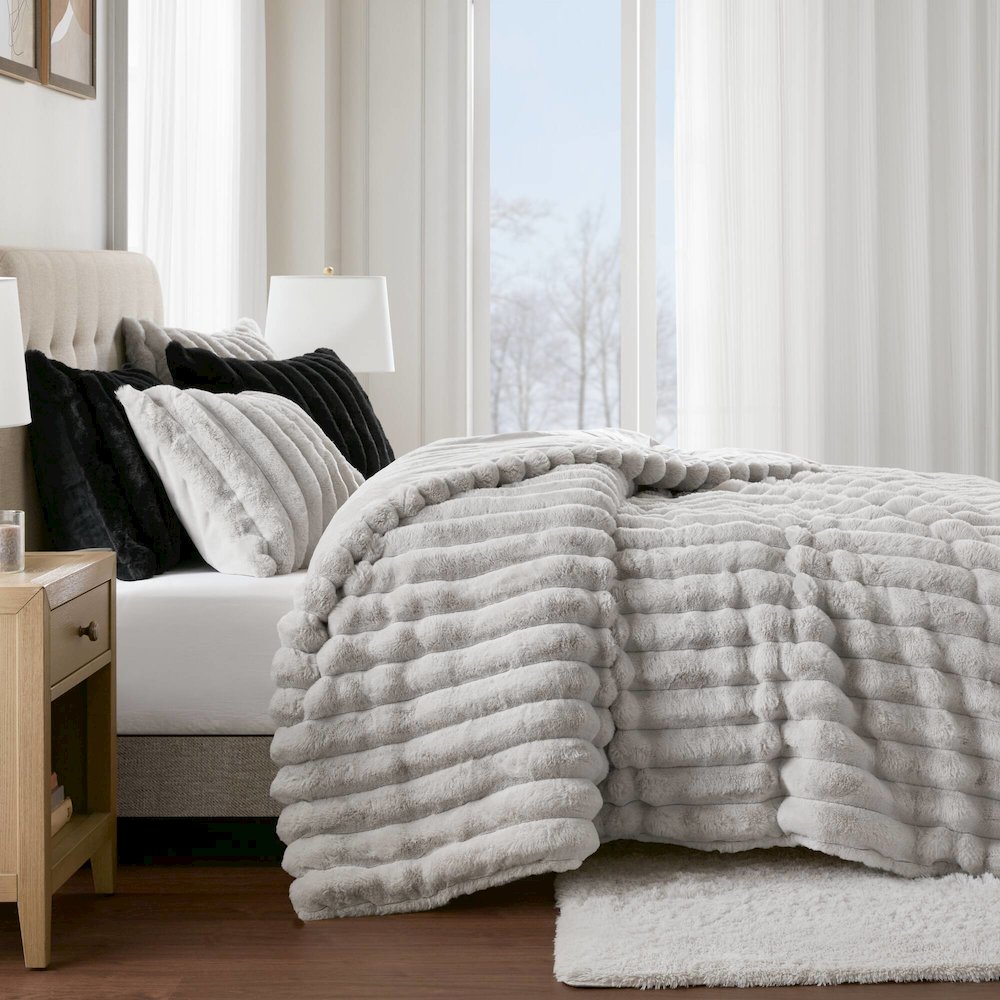 Jasmine Ultrasoft Faux Fur Ribbed Comforter Set, Light Gray color