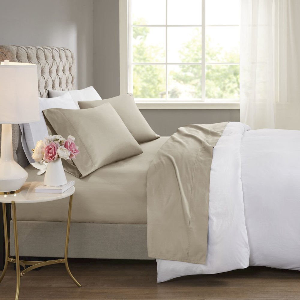 600 Thread Count Cooling Cotton Blend 4 PC Sheet Set, Khaki color