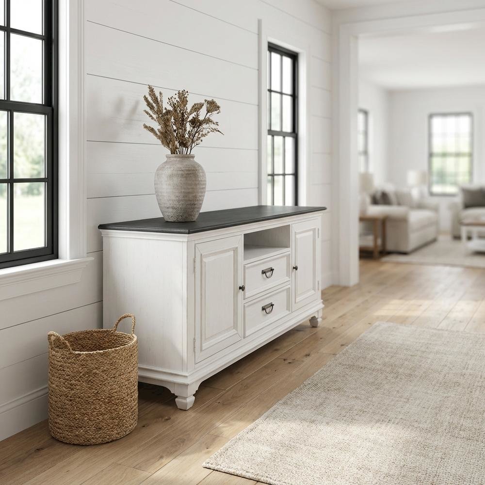 White TV console, wirebrushed finish, charcoal top, solid, 66-inch width